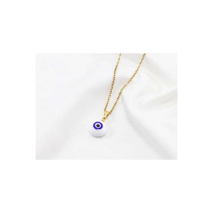 Minimal Beyaz Cam Nazar Boncuklu Kolye, Hediyelik Kolye (60 cm)