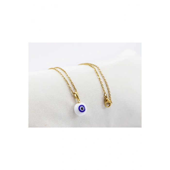 Minimal Beyaz Cam Nazar Boncuklu Kolye, Hediyelik Kolye (60 cm)