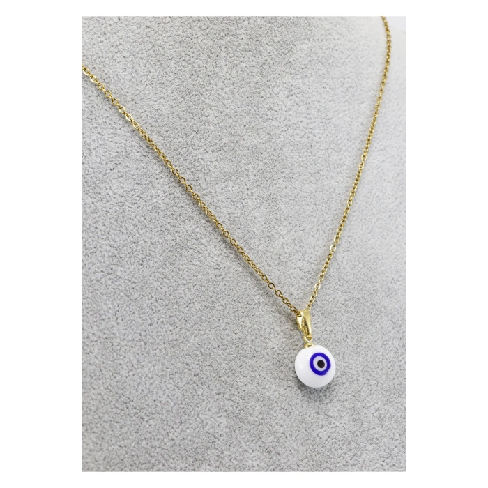 Minimal Beyaz Cam Nazar Boncuklu Kolye, Hediyelik Kolye (60 cm)