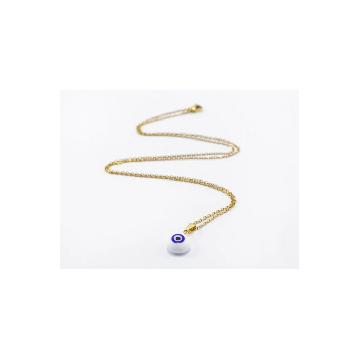 Minimal Beyaz Cam Nazar Boncuklu Kolye, Hediyelik Kolye (60 cm)