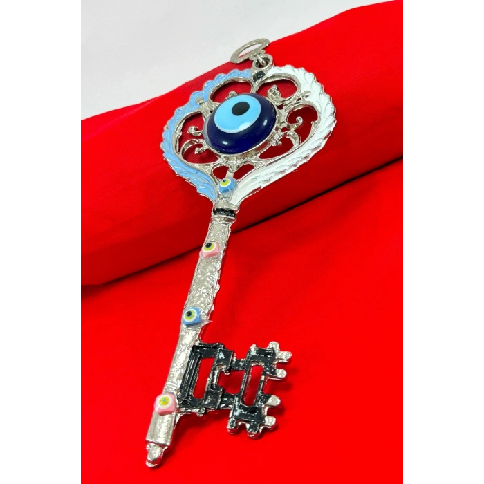 Metal Nikel Kaplama El Yapımı Cam Nazar Boncuklu Anahtar Figürlü Duvar Süsü