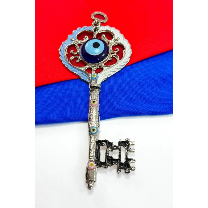 Metal Nikel Kaplama El Yapımı Cam Nazar Boncuklu Anahtar Figürlü Duvar Süsü