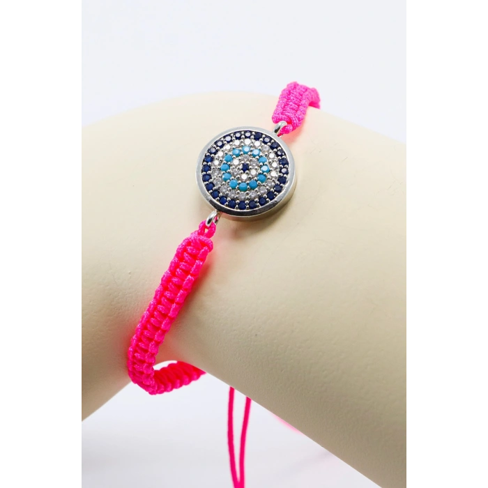 Pembe Renkli Asansörlü Gümüş Zirkon Taşlı Nazar Bileklik, Hediyelik Bileklik