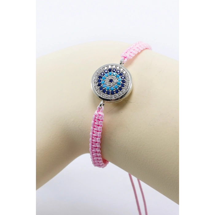 Toz Pembe Asansörlü Gümüş Zirkon Taşlı Nazar Bileklik, Hediyelik Bileklik