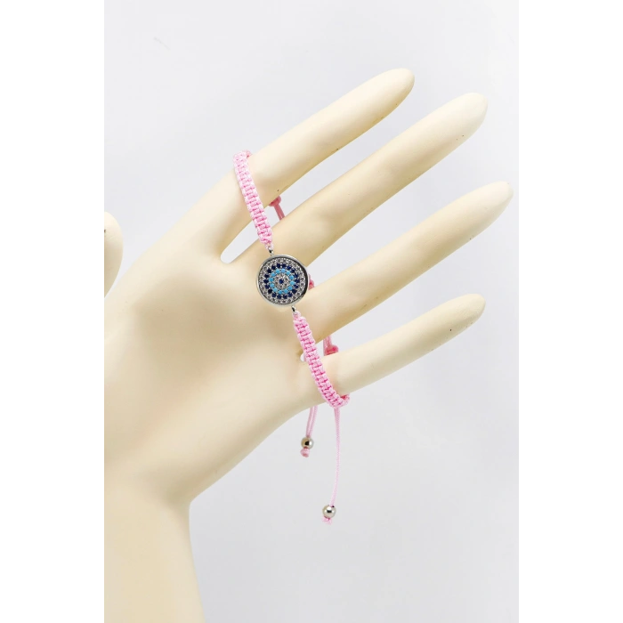 Toz Pembe Asansörlü Gümüş Zirkon Taşlı Nazar Bileklik, Hediyelik Bileklik