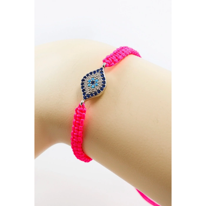 Pembe Renkli Asansörlü Gümüş Elips Zirkon Taşlı Nazar Bileklik, Hediyelik Bileklik