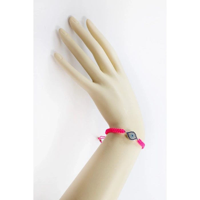 Pembe Renkli Asansörlü Gümüş Elips Zirkon Taşlı Nazar Bileklik, Hediyelik Bileklik