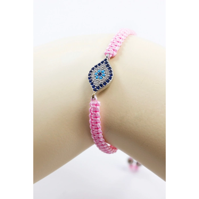 Toz Pembe Asansörlü Gümüş Elips Zirkon Taşlı Nazar Bileklik, Hediyelik Bileklik