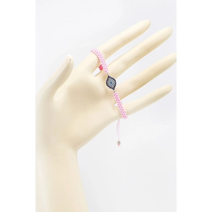 Toz Pembe Asansörlü Gümüş Elips Zirkon Taşlı Nazar Bileklik, Hediyelik Bileklik