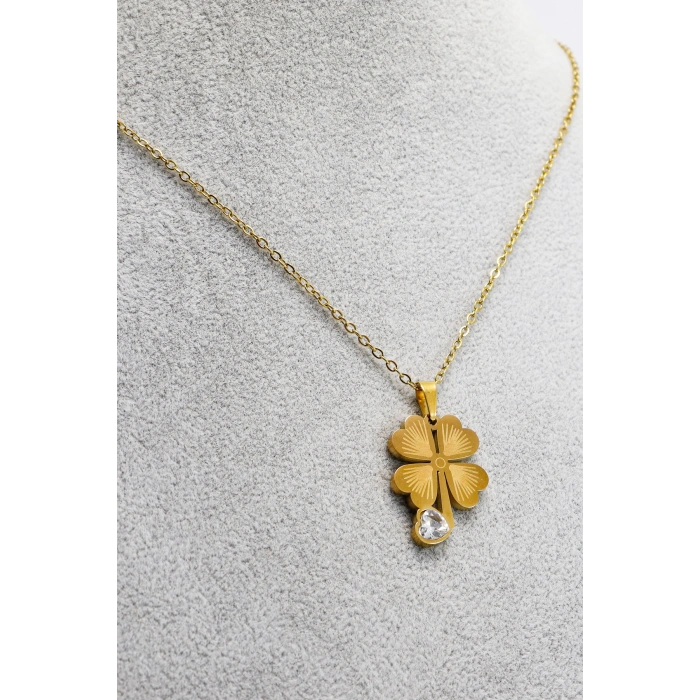 Paslanmaz Çelik Gold Renkli Dört Yapraklı Şans Yoncalı Çelik Kolye , Hediyelik Kolye (60 cm)