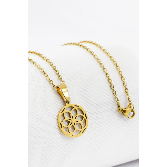 Paslanmaz Çelik Gold Renkli Lotus Çiçeği Çelik Kolye , Hediyelik Kolye (60 cm)