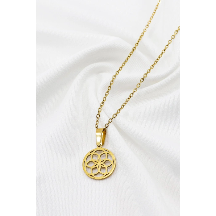 Paslanmaz Çelik Gold Renkli Lotus Çiçeği Çelik Kolye , Hediyelik Kolye (60 cm)