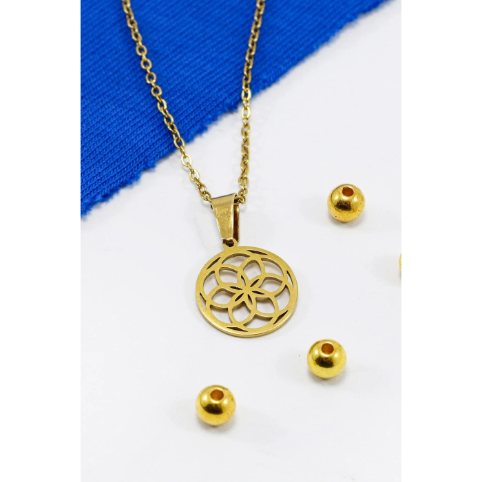 Paslanmaz Çelik Gold Renkli Lotus Çiçeği Çelik Kolye , Hediyelik Kolye (60 cm)
