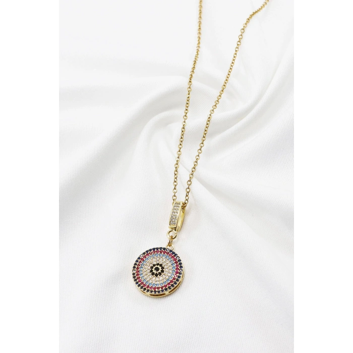 Paslanmaz Çelik Gold Renkli Parlak Taşlı Zirkon Çelik Kolye , Hediyelik Kolye (60 cm)