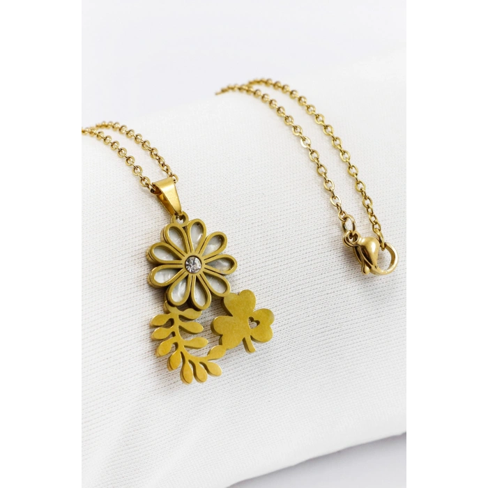 Paslanmaz Çelik Gold Renkli Parlak Taşlı Sedefli Çiçek Yoncalı Çelik Kolye , Hediyelik Kolye (60 cm)