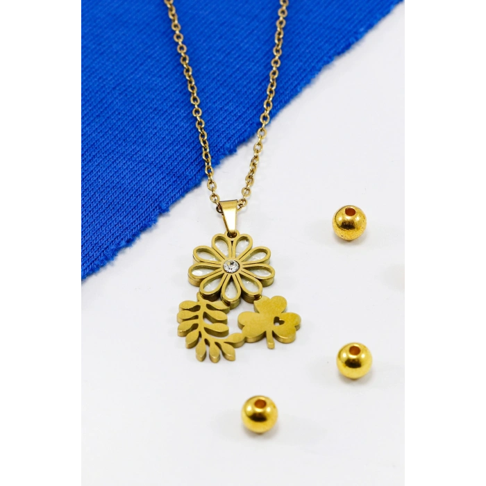 Paslanmaz Çelik Gold Renkli Parlak Taşlı Sedefli Çiçek Yoncalı Çelik Kolye , Hediyelik Kolye (60 cm)