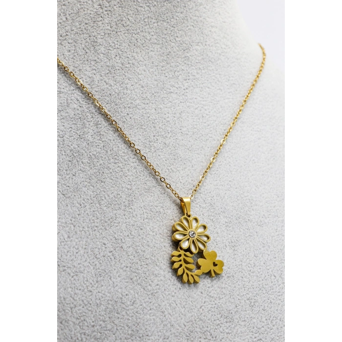 Paslanmaz Çelik Gold Renkli Parlak Taşlı Sedefli Çiçek Yoncalı Çelik Kolye , Hediyelik Kolye (60 cm)