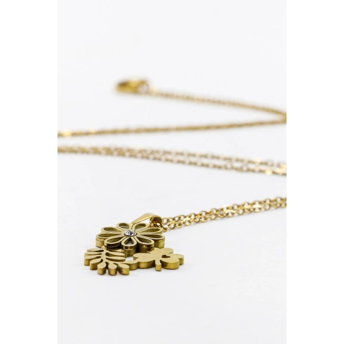 Paslanmaz Çelik Gold Renkli Parlak Taşlı Sedefli Çiçek Yoncalı Çelik Kolye , Hediyelik Kolye (60 cm)