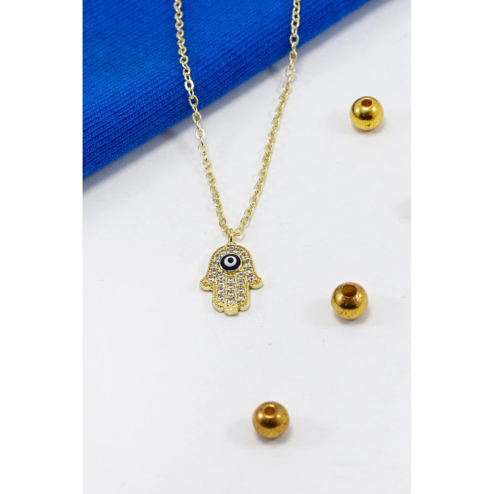 Gold Renkli Parlak Taşlı Nazarlı Hamse Lak Kaplama Bijuteri Kolye (Zincir 45 cm)
