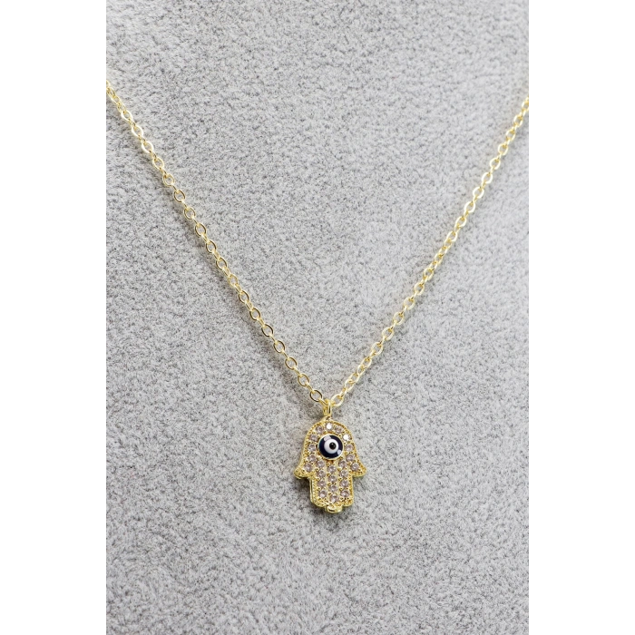 Gold Renkli Parlak Taşlı Nazarlı Hamse Lak Kaplama Bijuteri Kolye (Zincir 45 cm)