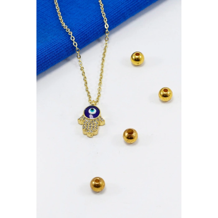 Gold Renkli Parlak Taşlı Hamse Lak Kaplama Bijuteri Kolye (Zincir 45 cm), Nazar Boncuklu