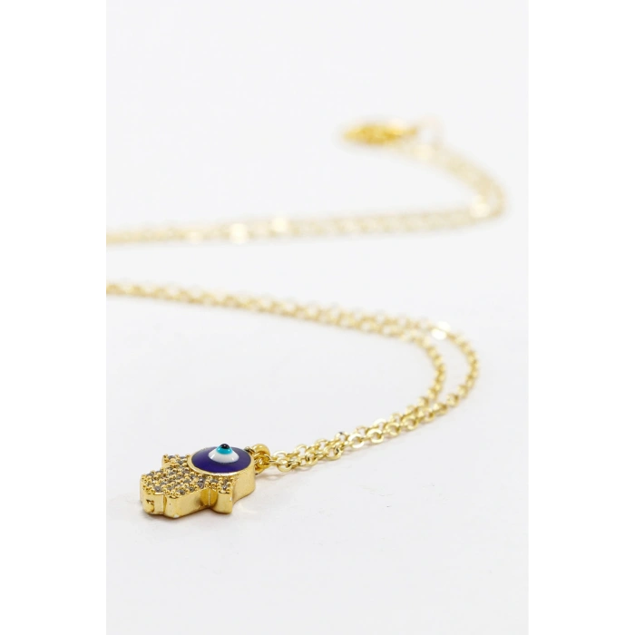 Gold Renkli Parlak Taşlı Hamse Lak Kaplama Bijuteri Kolye (Zincir 45 cm), Nazar Boncuklu