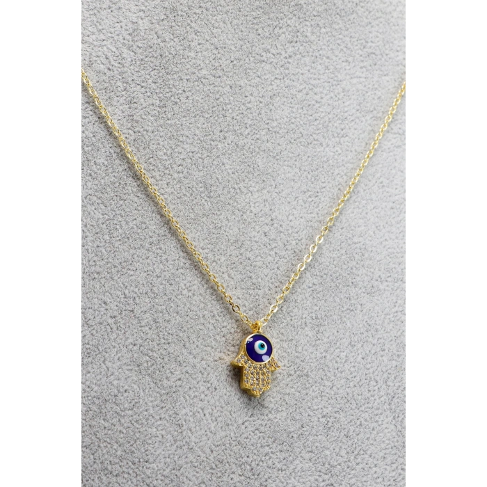 Gold Renkli Parlak Taşlı Hamse Lak Kaplama Bijuteri Kolye (Zincir 45 cm), Nazar Boncuklu