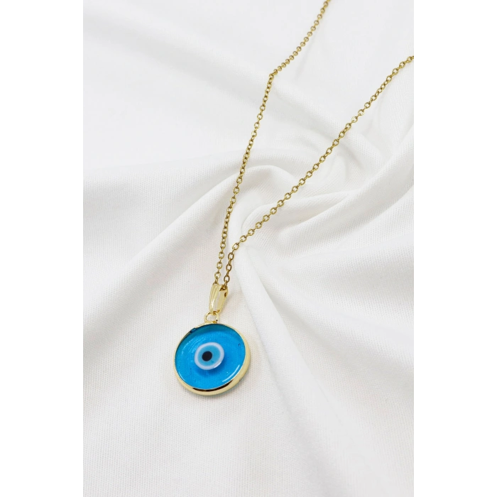 El Yapımı Çerçeveli Cam Nazar Boncuklu Çelik Zincirli Kolye (Zincir 60 cm)