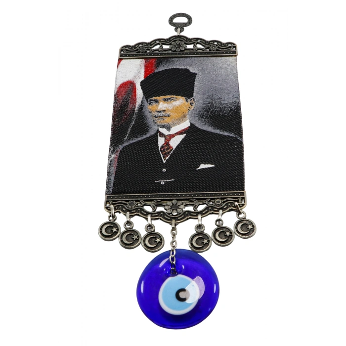 Lacivert El Yapımı Cam Nazar Boncuklu M. K Atatürk Duvar Süsü, Hediyelik Duvar Süsü