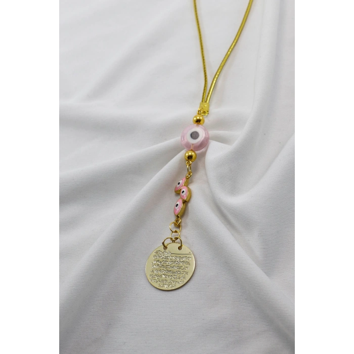Pembe Yassı Nazar Boncuklu Salkım Metal Ayetel Kürsi Araba Dikiz Ayna Süsü, Gold Renkli