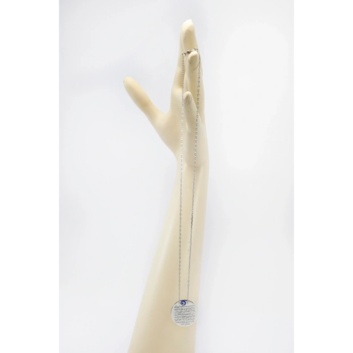Mineli Nazar Metal Ayetel Kürsi Dualı Lak Kaplama Bijuteri Kolye (Zincir 45 cm), Gümüş Renkli