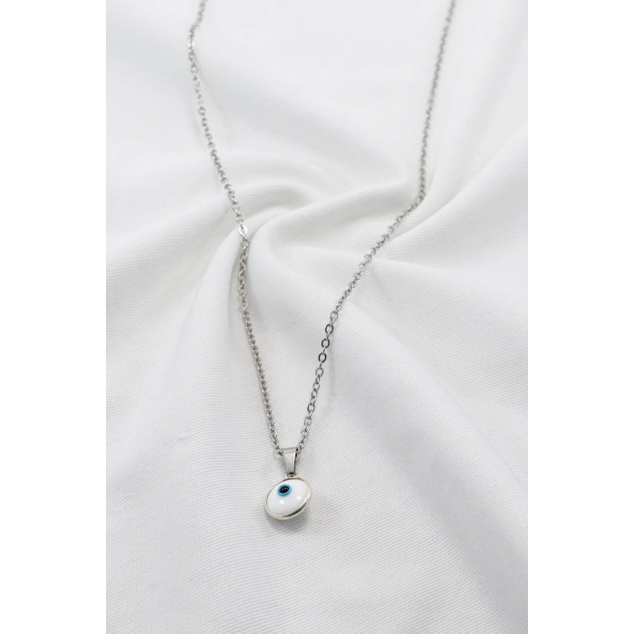 Çerçeveli Beyaz Nazar Boncuklu Bijuteri Kolye (Çelik Zincir 60 cm), Gümüş Renkli