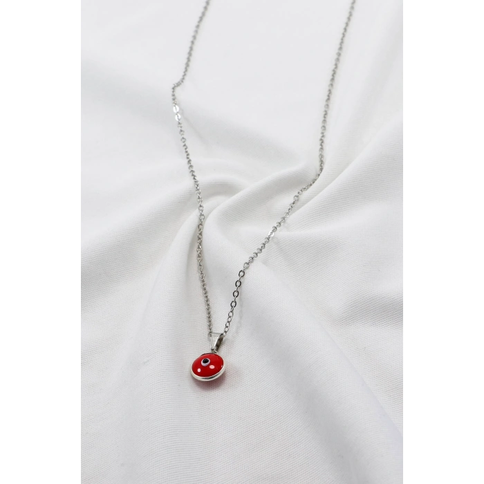 Çerçeveli Kırmızı Nazar Boncuklu Bijuteri Kolye (Çelik Zincir 60 cm), Gümüş Renkli