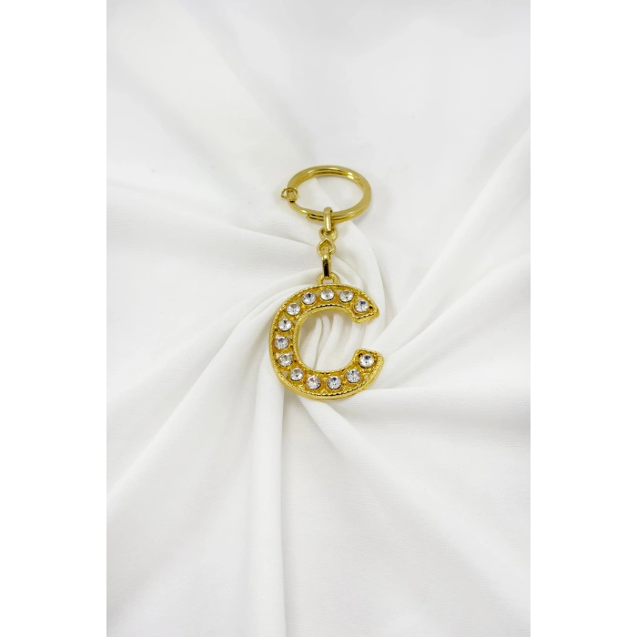 Gold Renkli Parlak Taşlı C Harfi Anahtarlık, Hediyelik Harfli Anahtarlık