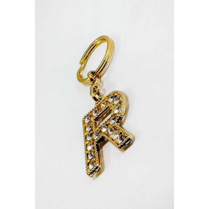 Gold Renkli Parlak Taşlı R Harfi Anahtarlık, Hediyelik Harfli Anahtarlık