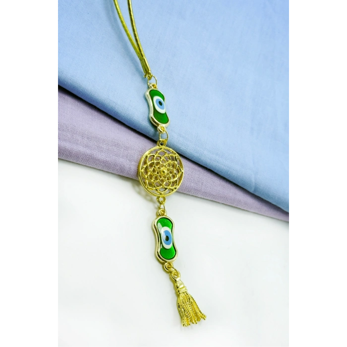 Gold Renkli Elips Nazarlı Metal Lotus Çiçeği Püsküllü Araba Dikiz Ayna Süsü