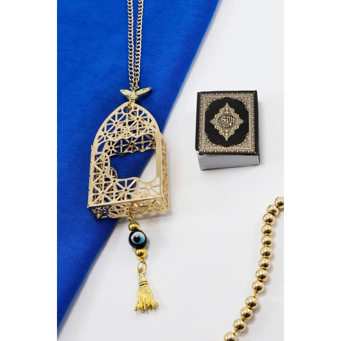 Gold Renkli Korunaklı Kılıf Siyah Yaldızlı Mini Kuran Dikiz Ayna Süsü, Salkım Nazar Boncuklu