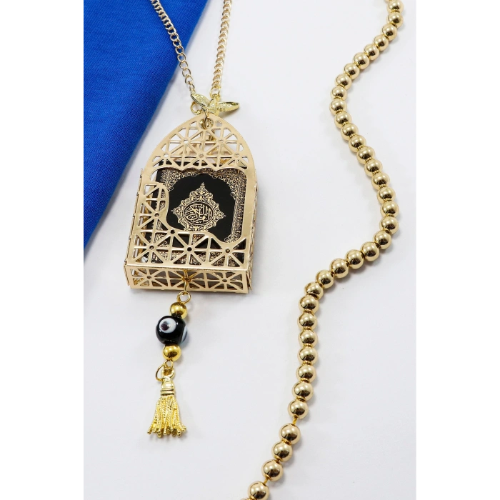 Gold Renkli Korunaklı Kılıf Siyah Yaldızlı Mini Kuran Dikiz Ayna Süsü, Salkım Nazar Boncuklu