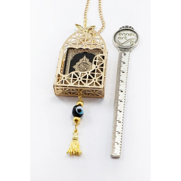 Gold Renkli Korunaklı Kılıf Siyah Yaldızlı Mini Kuran Dikiz Ayna Süsü, Salkım Nazar Boncuklu
