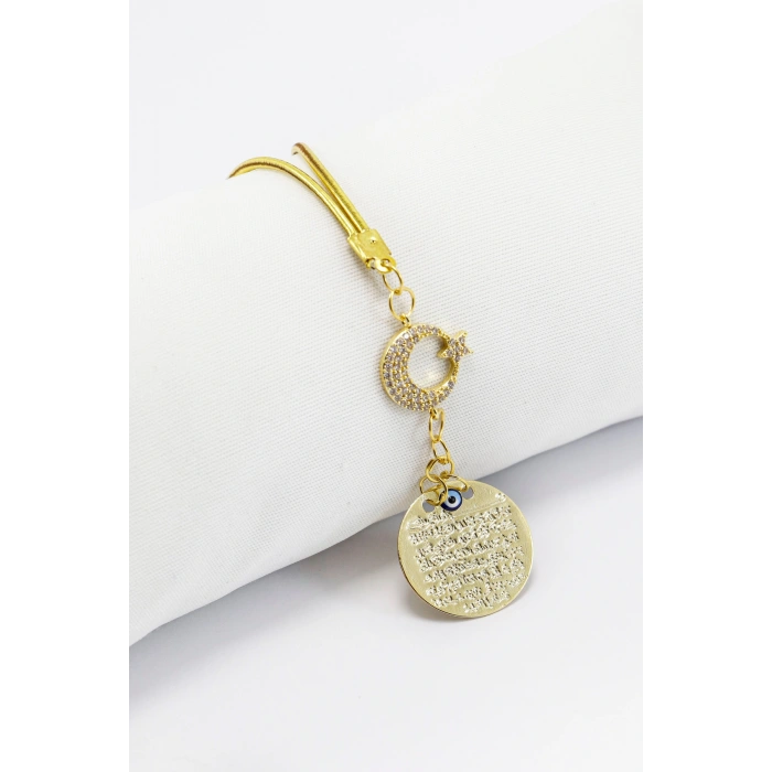Zirkon Taşlı Ay Yıldız Gold Renkli Metal Ayetel Kürsi Araba Dikiz Ayna Süsü, Yeni Araba Hediyesi
