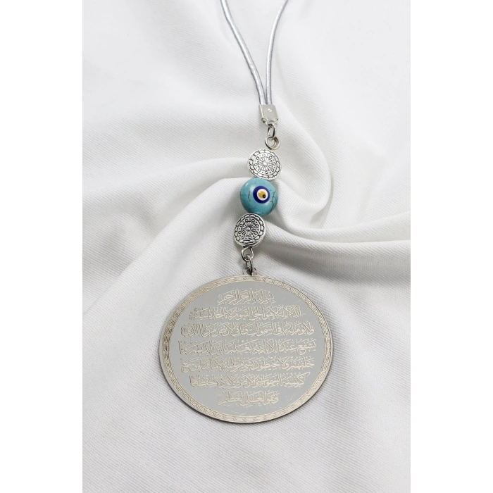 Mineli Boncuk Desenli Yassı Boncuk Ayetel Kürsi Felak Nas İhlas Araba Dikiz Ayna Süsü (4,5cm Plaka)