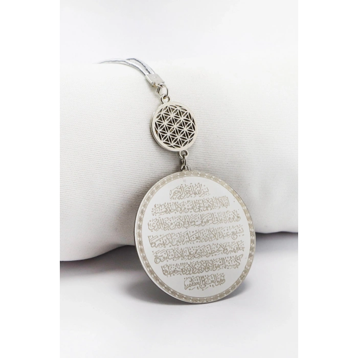 Yaşam Çiçeği Paslanmaz Çelik Ayetel Kürsi Felak Nas İhlas Araba Dikiz Ayna Süsü (4,5cm Plaka)