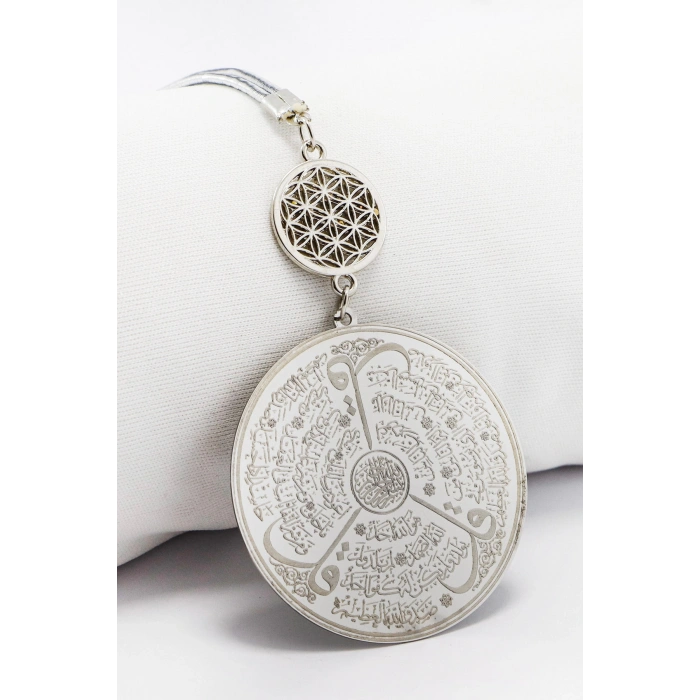 Yaşam Çiçeği Paslanmaz Çelik Ayetel Kürsi Felak Nas İhlas Araba Dikiz Ayna Süsü (4,5cm Plaka)