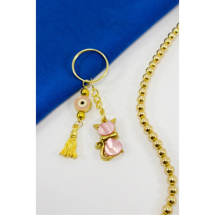 Pembe Renkli Sedefli Sevimli Kedi Figürlü Salkım Anahtarlık, Hediyelik Anahtarlık