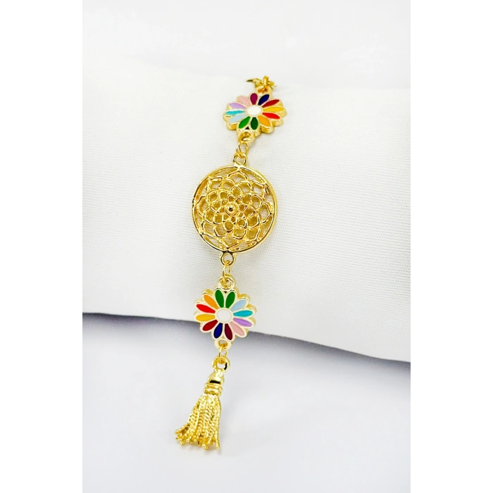 Renkli Papatyalı Salkım Lotus Çiçekli Araba Dikiz Ayna Süsü, Gold Renkli Hediyelik Süsü