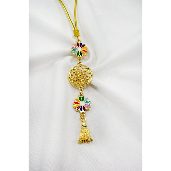 Renkli Papatyalı Salkım Lotus Çiçekli Araba Dikiz Ayna Süsü, Gold Renkli Hediyelik Süsü