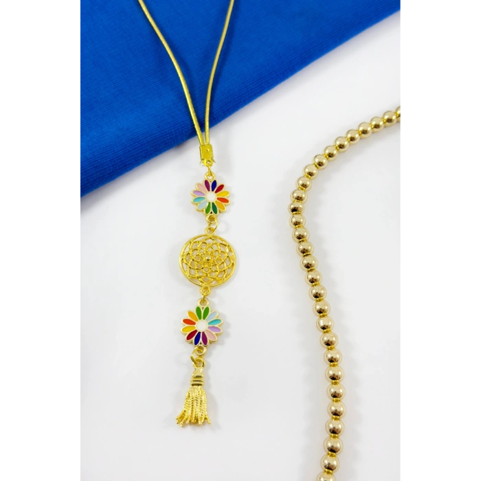 Renkli Papatyalı Salkım Lotus Çiçekli Araba Dikiz Ayna Süsü, Gold Renkli Hediyelik Süsü