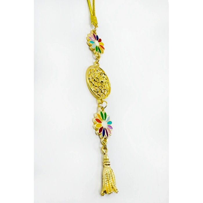 Renkli Papatyalı Salkım Lotus Çiçekli Araba Dikiz Ayna Süsü, Gold Renkli Hediyelik Süsü