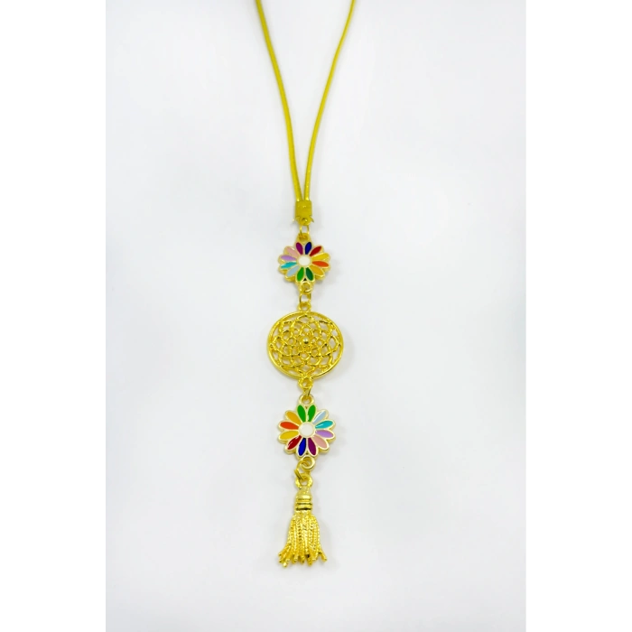 Renkli Papatyalı Salkım Lotus Çiçekli Araba Dikiz Ayna Süsü, Gold Renkli Hediyelik Süsü