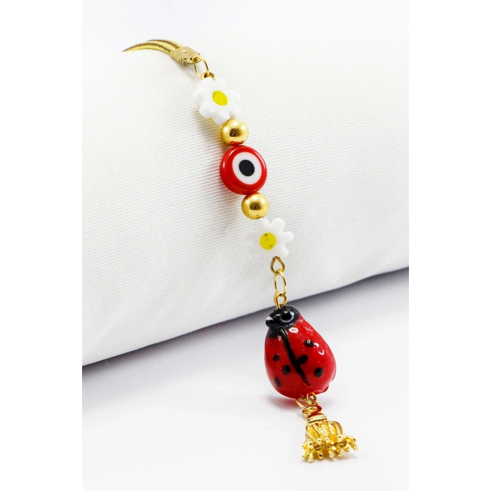 Kırmızı Cam Nazar Boncuklu Püsküllü Dikiz Ayna Süsü Tarz Yeni Papatyalı Araba Hediyesi
